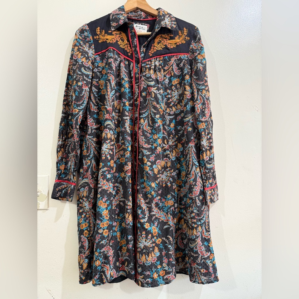 HOLDING HORSES Black Floral Paisley Long-Sleeve Dress with Red Trim